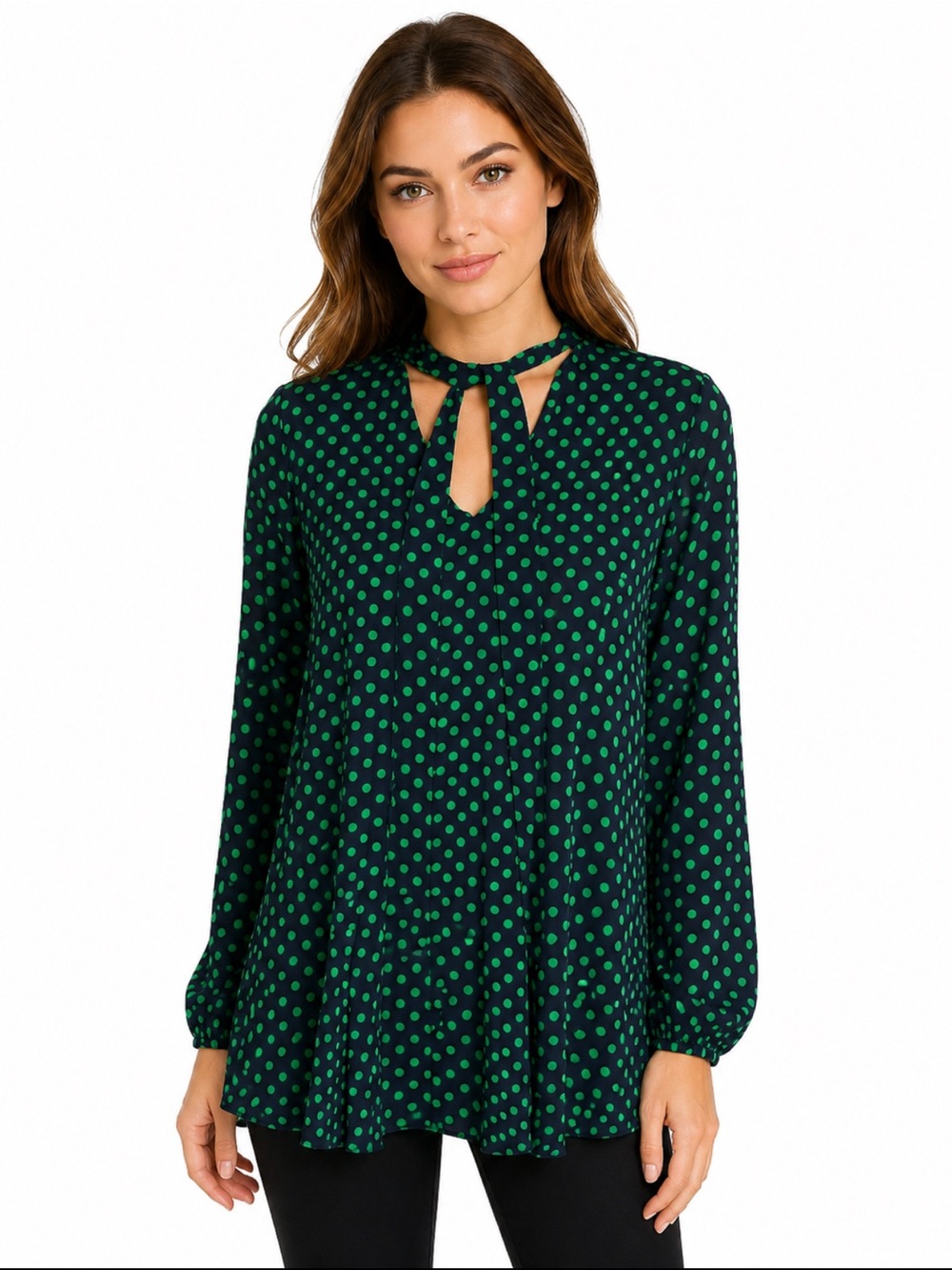 Lauren Ralph Lauren Womens Medium Navy Green Polka Dot tie neck Blouse Top M